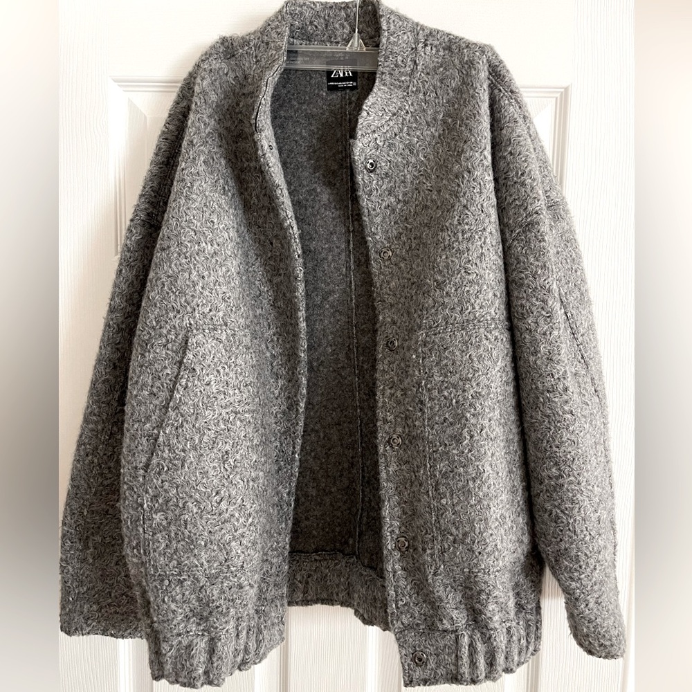 Zara Gray Bouclé Bomber Jacket
